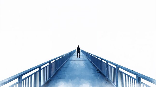 Solitary figure standing on blue pedestrian bridge in foggy atmosphere journey concept