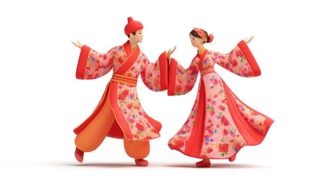 Joyful Dance of 3D Figurines in Vibrant Red and Pink Floral Traditional Robes