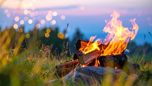 "Campfire flames rising from logs surrounded by grass with blurred lights and water at dusk."