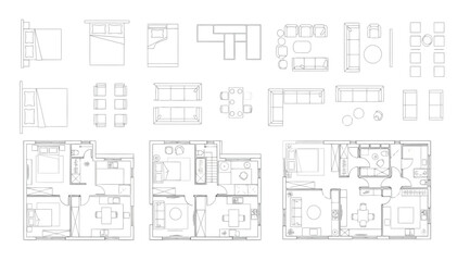 Set of furniture icons for architectural floor plans including beds, sofas, dining tables, and chairs © S.Siam