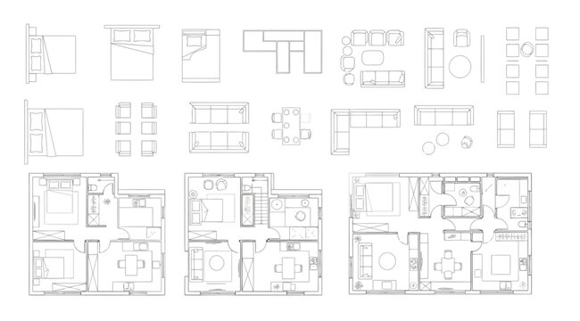 Set of furniture icons for architectural floor plans including beds, sofas, dining tables, and chairs