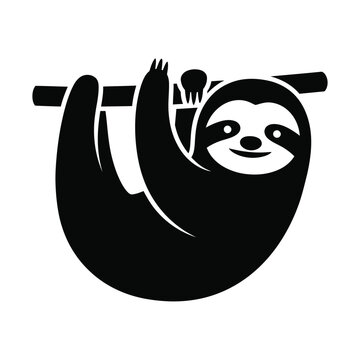 Minimalist sloth vector icon, black silhouette of a cute sloth hanging on a branch, simple animal logo design element
