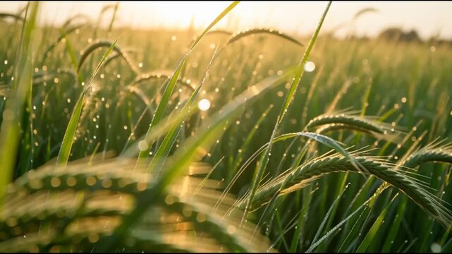 Morning sun over green grass and wheat field in a natural meadow landscape with plants and gentle wind in summer season