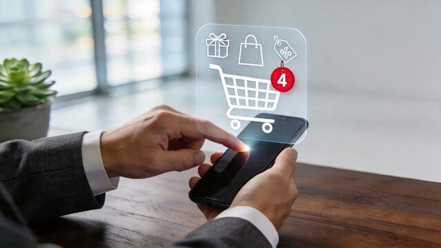 Businessman tapping smartphone screen showing hologram with shopping cart gift box tag discount symbol online retail concept
