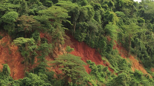 bauxite. Hillside landscape contrasting rust-red bauxite soil with lush green vegetation, wide view. travel magazines, destination branding, designed for travel destination branding.