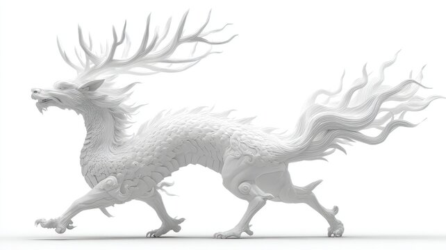 Majestic White Qilin Sculpture with Flowing Antlers and Tail