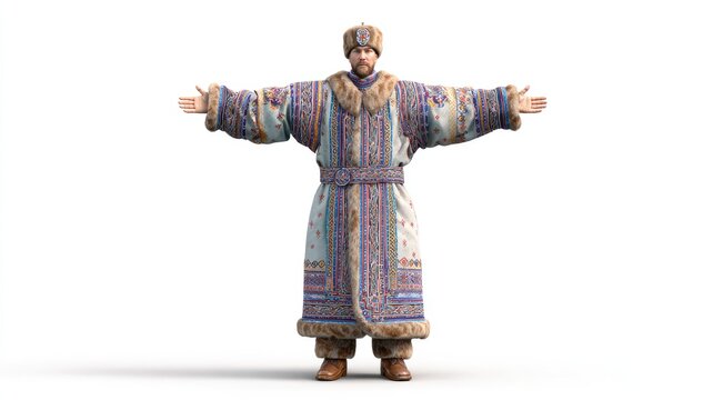 Man in Ornate, Fur-Trimmed Traditional Coat with Arms Outstretched