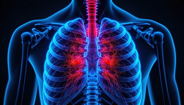 Upper Body Anatomy with Glowing Rib Cage and Spine - Digital Illustration of the Human Torso