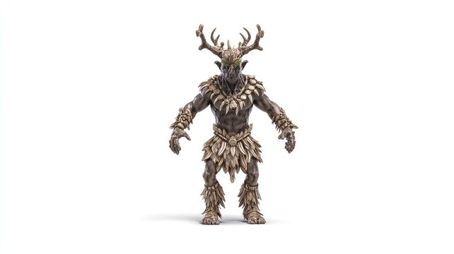 Menacing Forest God with Antlers and Glowing Green Eyes on White