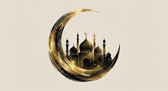 Elegant golden mosque silhouette nestled inside a large artistic crescent moon with sparkling gold textures on a beige background