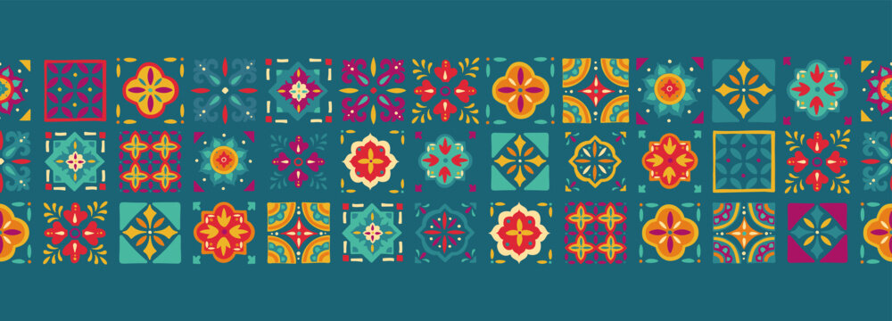 Fun and colorful abstract seamless pattern inspired by portuguese tiles, hand drawn, great for textiles, surfaces, wrapping - vector design