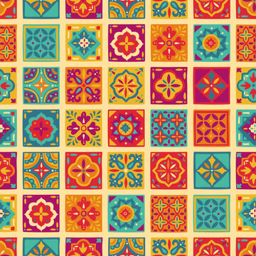 Fun and colorful abstract seamless pattern inspired by portuguese tiles, hand drawn, great for textiles, surfaces, wrapping - vector design