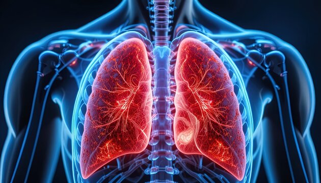 Human Lung Anatomy Illustration: Detailed View of Respiratory System with Bronchial Tree and Rib Cage Against a Dark Background