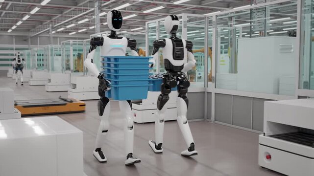 AI-powered Humanoid Robots Walking and Carrying Crates in an Fully Automated Electric Car Factory with Robotic Arms Assembling Lithium-Ion Battery Modules in the Background. 3d animation render