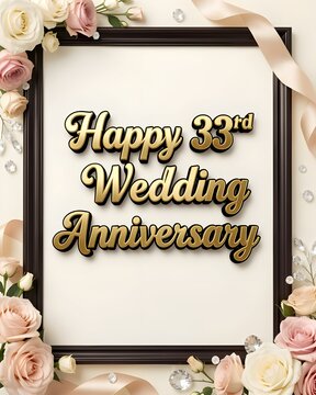 Framed Happy 33rd Wedding Anniversary Gold Typography with Roses and Satin Ribbon on Soft Light Background