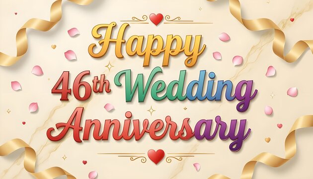 Colorful Happy 46th Wedding Anniversary Typography with Gold Ribbon Hearts and Confetti on Light Background