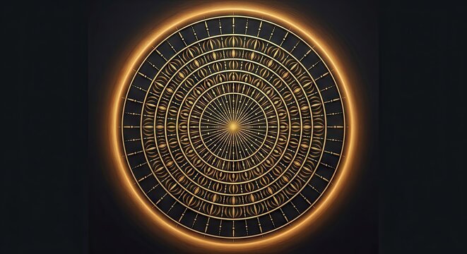 Intricate circular golden mandala or astrological chart with complex geometric patterns glowing against a dark background