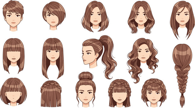 Stylish Female Hairstyle Icon Set with Bob Cuts, Ponytails, Braids, and Long Waves for Fashion, Beauty, and Character Design Projects