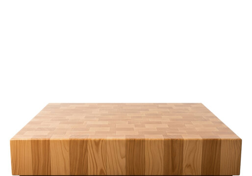 An empty, pristine light brown natural wood butcher block table top with visible grain and plank construction, against a transparent seamless background. Concept for product showcasing