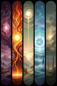 Five vertical panels illustrating different elemental realms including fire, air, water, earth, and a dark celestial void