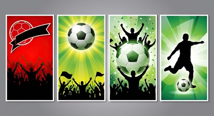 Set of four vertical soccer-themed banners featuring silhouettes of players, crowds, and footballs with green and red light rays