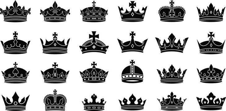 Vector Set of Elegant Royal Crowns, Vintage Gold Crown Designs, Luxury King and Queen Crowns, and Ornate Jewelry
