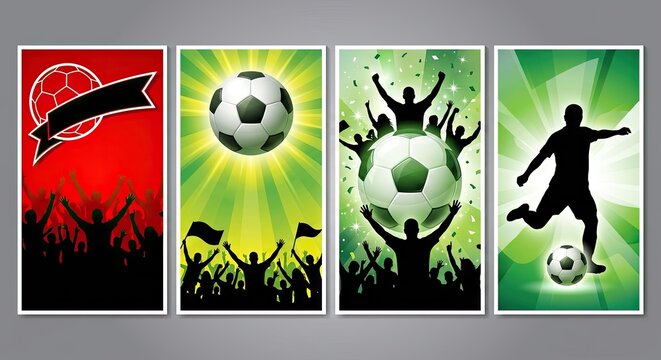 Set of four vertical soccer-themed banners featuring silhouettes of players, crowds, and footballs with green and red light rays