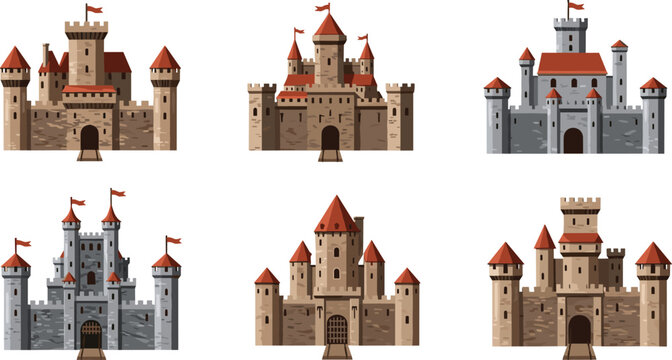 Vector Set of Classic Medieval Castles with Red Roofs, Fortress Designs, Stone Walls, and Historic Castle Architecture