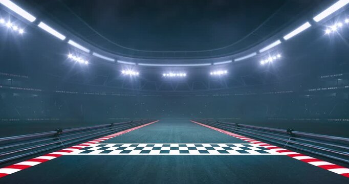 Finish line at a sports racing circuit in foggy weather with shining floodlights and fans ready for an upcoming nighttime sports event. Loopable professional sports advertisement video background.