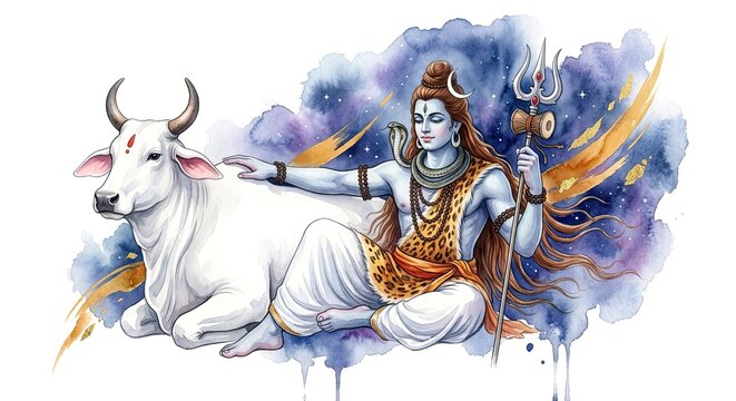Watercolor painting of Shiva seated beside white bull Nandi with trident and ornate details in blue and gold tones