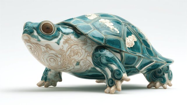 Mythical Teal Porcelain Turtle with Swirling Gold Clouds and Hypnotic Spiral Eyes