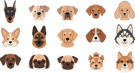 Vector Set of Cute Cartoon Dog Faces, Various Breeds Including Doberman, Poodle, Pug, Husky, and Beagle in Fun Illustrations © MstSheule