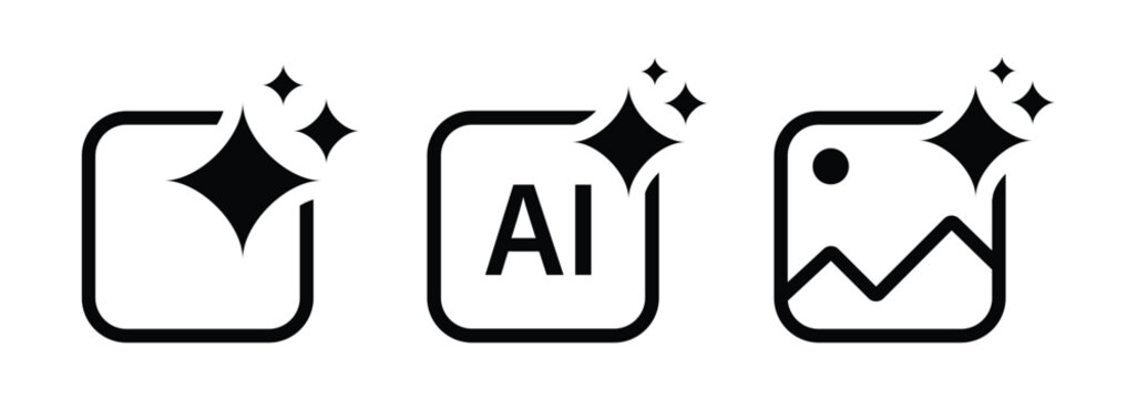 Set of generated AI icons. AI star symbol with a pointed and rounded tip. AI logotype. Artificial intelligence concept. Icon element for app and web. AI icon with shield protected. AI star icon. EPS10