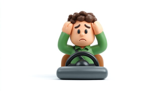 Overwhelmed 3D cartoon driver clutching his head in traffic stress.