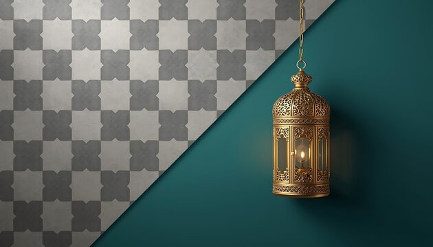 A beautifully designed golden lantern hanging from a teal wall with a patterned background