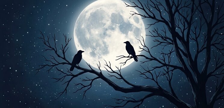 Two black crows perched on bare tree branches silhouetted against a large glowing full moon in a starry night sky