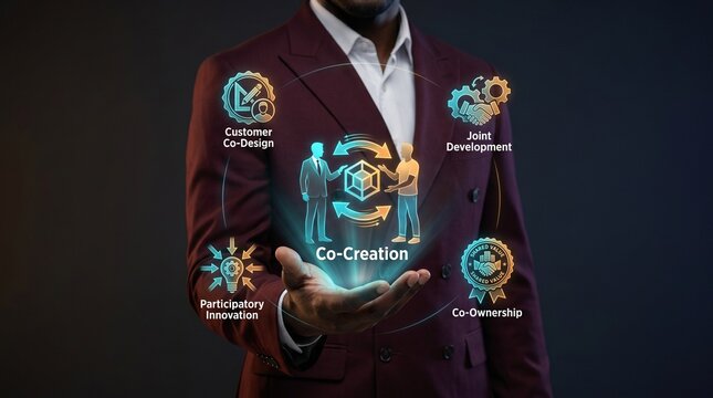 Businessman presenting co-creation concept with glowing icons