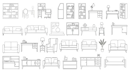Collection of furniture line art sketches including sofas, desks, bookshelves, and cabinets © S.Siam