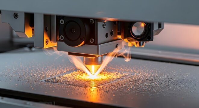 Close-up of a laser melting metal powder in an industrial 3D printing machine, creating a glowing molten pool and sparks during additive manufacturing process.