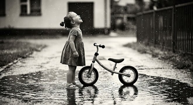 Vintage-style black and white photograph of a little girl standing in a puddle next to her balance bike