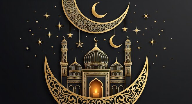 Golden silhouette of a mosque framed by crescent moons and stars on a deep black background