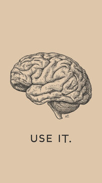 Same brain line drawing with text "USE IT" on beige background, but with slightly bolder brain outlines, richer beige tone, same minimal layout and handwritten style