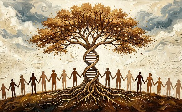 A conceptual illustration of a tree with a DNA helix trunk and human figures holding hands in a line representing ancestry and life