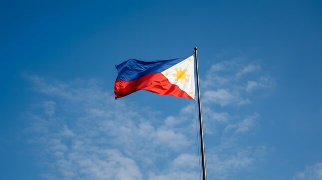 Philippine flag waving against a clear blue sky