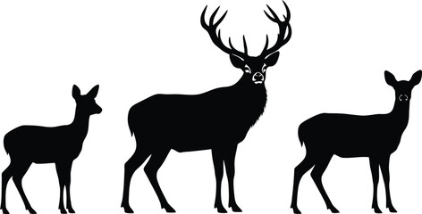 Fototapeta premium Deer Family Silhouette Vector Set with Majestic Stag, Doe, and Fawn, Wildlife Animal Collection for Nature Design