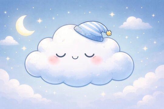 Cute sleeping cloud with night cap stars moon and dreamy sky gentle bedtime illustration