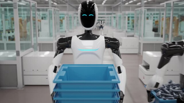 AI-powered Humanoid Robots Walking and Carrying Crates in an Fully Automated Electric Car Factory with Robotic Arms Assembling Lithium-Ion Battery Modules in the Background. 3d animation render