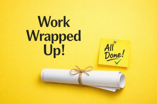 Work wrapped up message with rolled paper and note saying all done on bright yellow background
