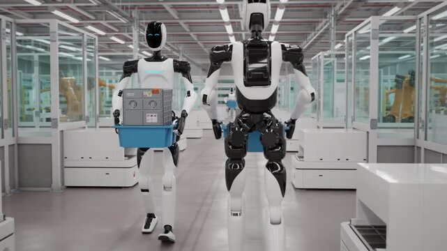 AI-powered Humanoid Robots Walking and Carrying Crates with Lithium-Ion Battery Modules in an Fully Automated Car Factory. Robotic Arms Assembling Electric Cars in the Background. 3d animation render