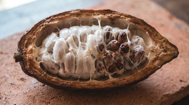 Cacao pod with white pulp inside.